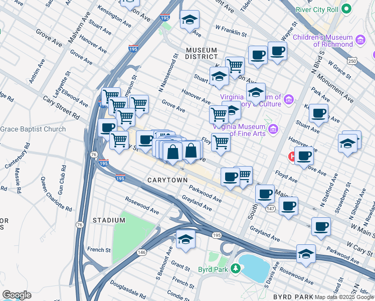 map of restaurants, bars, coffee shops, grocery stores, and more near 3210 Ellwood Avenue in Richmond