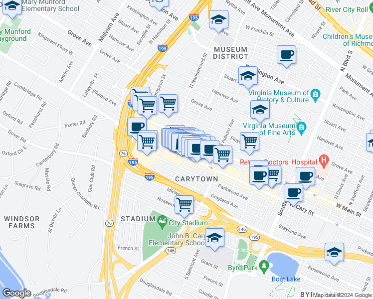 map of restaurants, bars, coffee shops, grocery stores, and more near 3313 Ellwood Avenue in Richmond