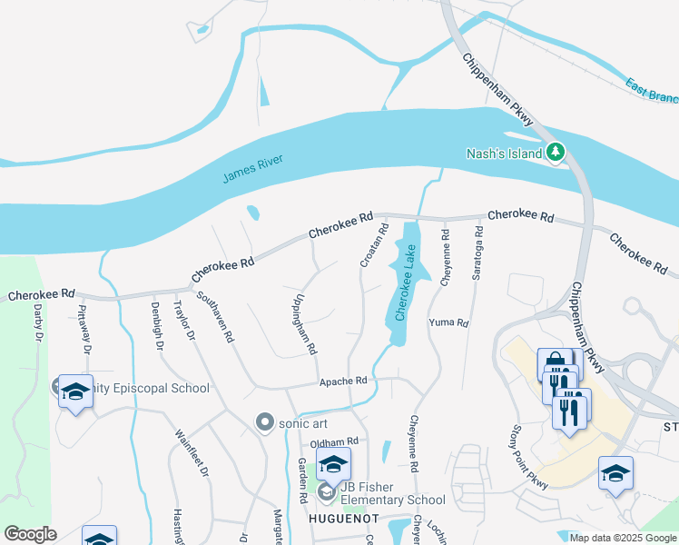 map of restaurants, bars, coffee shops, grocery stores, and more near 4430 Croatan Road in Richmond