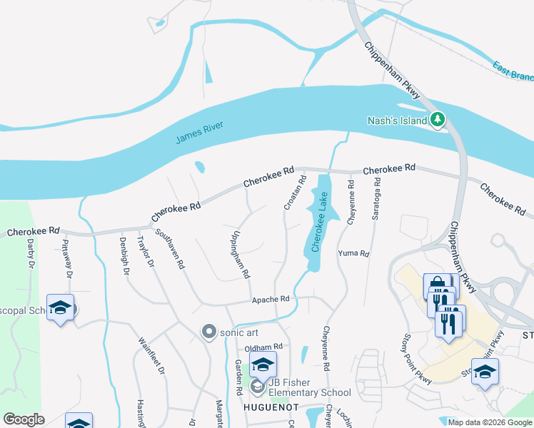 map of restaurants, bars, coffee shops, grocery stores, and more near 4430 Croatan Road in Richmond
