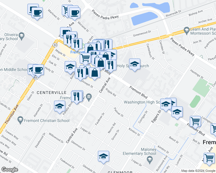 map of restaurants, bars, coffee shops, grocery stores, and more near 4120 Central Avenue in Fremont