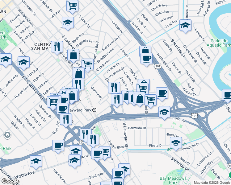 map of restaurants, bars, coffee shops, grocery stores, and more near 1718 Eleanor Drive in San Mateo