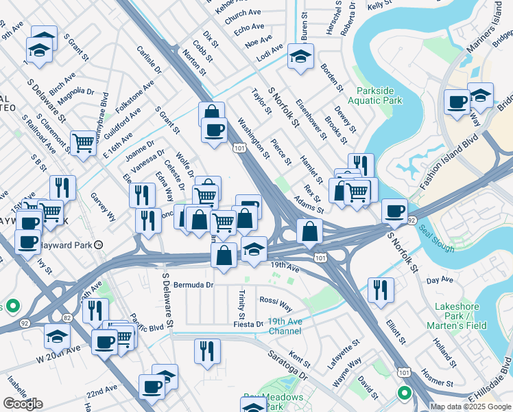 map of restaurants, bars, coffee shops, grocery stores, and more near 900 Concar Drive in San Mateo