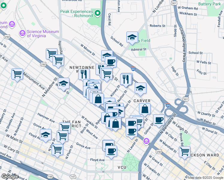 map of restaurants, bars, coffee shops, grocery stores, and more near 1408 West Clay Street in Richmond