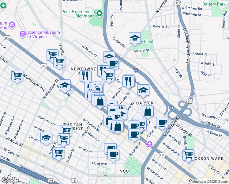 map of restaurants, bars, coffee shops, grocery stores, and more near 1408 West Clay Street in Richmond