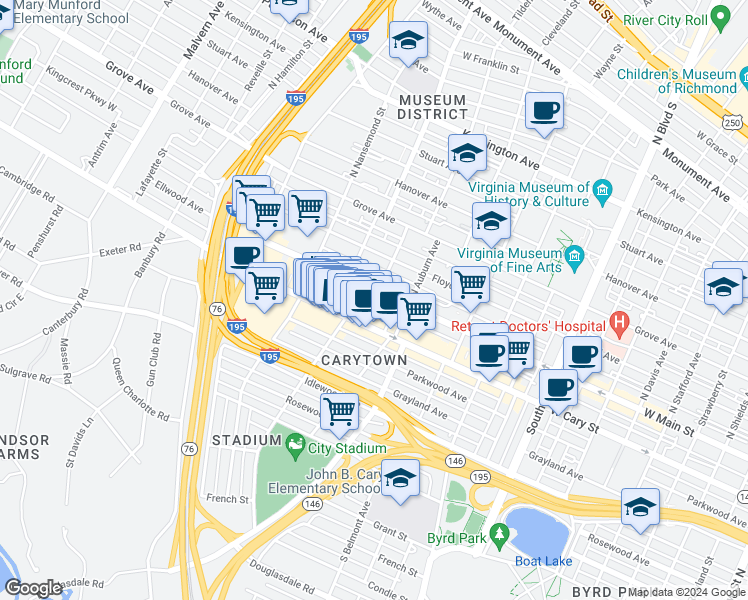 map of restaurants, bars, coffee shops, grocery stores, and more near 6 South Dooley Avenue in Richmond