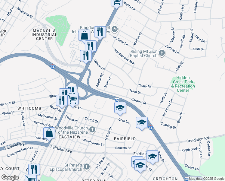 map of restaurants, bars, coffee shops, grocery stores, and more near 1908 Carneal Street in Richmond