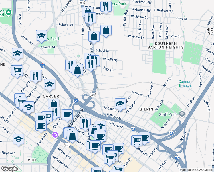 map of restaurants, bars, coffee shops, grocery stores, and more near 601 Mitchell Street in Richmond