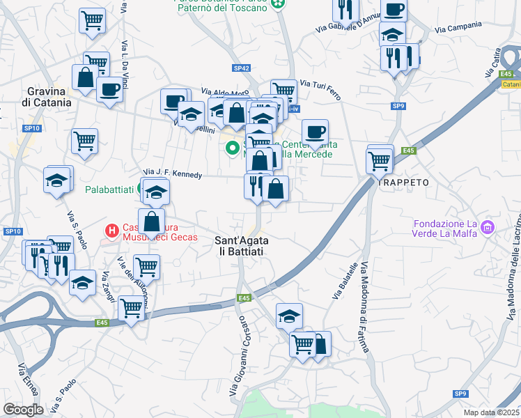 map of restaurants, bars, coffee shops, grocery stores, and more near 45 Via Umberto in Sant'Agata li Battiati