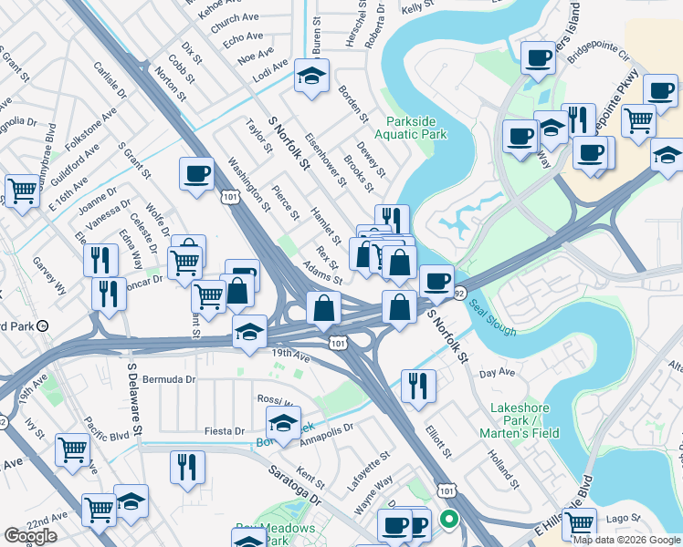map of restaurants, bars, coffee shops, grocery stores, and more near 1795 Rex Street in San Mateo
