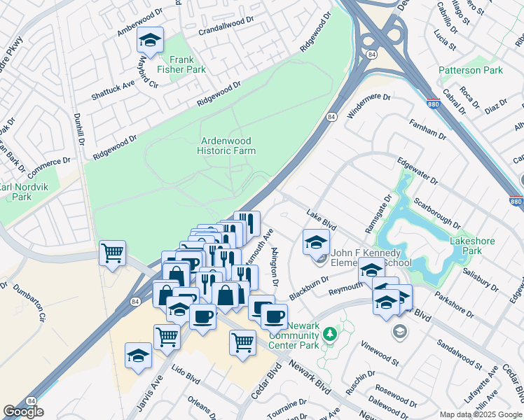 map of restaurants, bars, coffee shops, grocery stores, and more near 5359 Jarvis Avenue in Newark