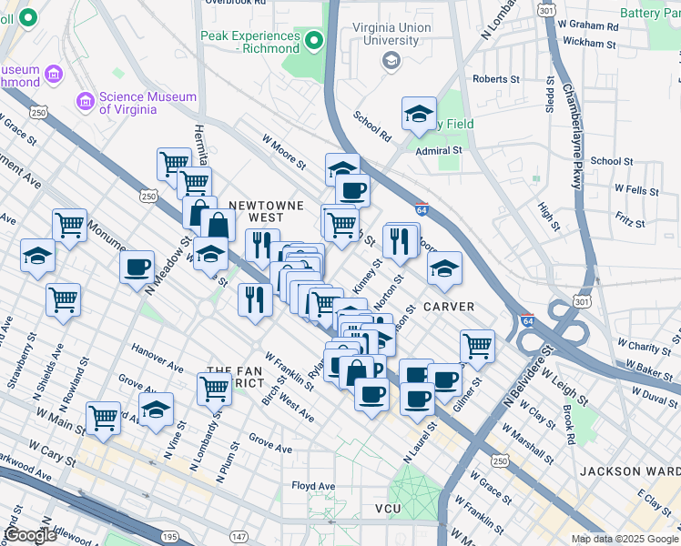 map of restaurants, bars, coffee shops, grocery stores, and more near 1427 West Clay Street in Richmond