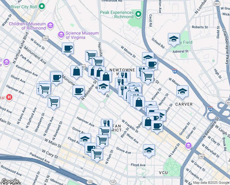 map of restaurants, bars, coffee shops, grocery stores, and more near 1657 West Broad Street in Richmond