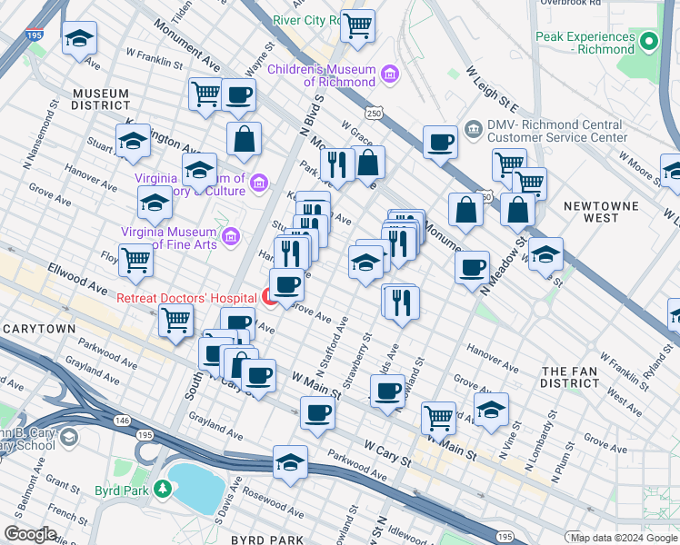 map of restaurants, bars, coffee shops, grocery stores, and more near 303 North Davis Avenue in Richmond