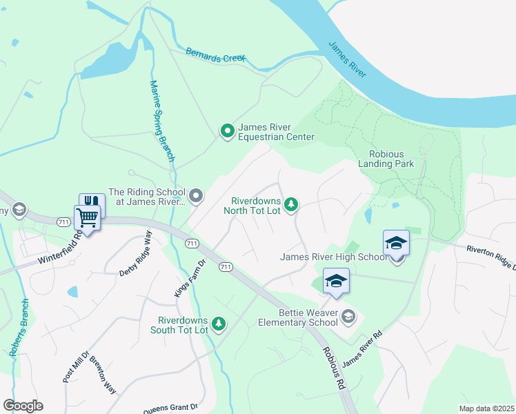 map of restaurants, bars, coffee shops, grocery stores, and more near 14037 Lenox Forest Court in Midlothian