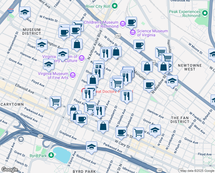 map of restaurants, bars, coffee shops, grocery stores, and more near 303 North Davis Avenue in Richmond