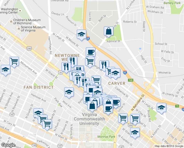 map of restaurants, bars, coffee shops, grocery stores, and more near 1410 West Clay Street in Richmond