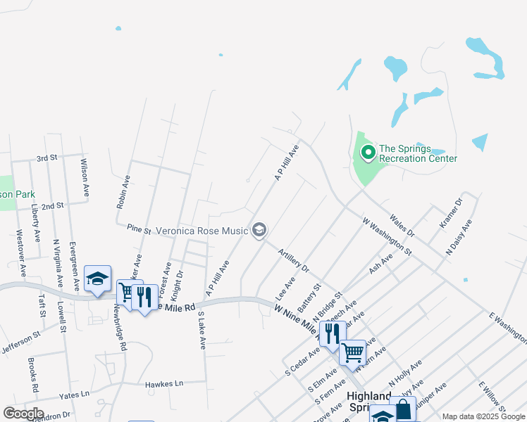 map of restaurants, bars, coffee shops, grocery stores, and more near 109 A P Hill Avenue in Highland Springs