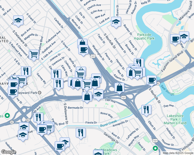 map of restaurants, bars, coffee shops, grocery stores, and more near 800 Concar Drive in San Mateo