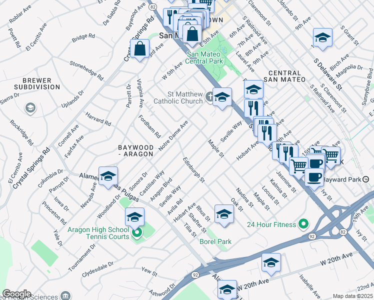 map of restaurants, bars, coffee shops, grocery stores, and more near 241 Castilian Way in San Mateo