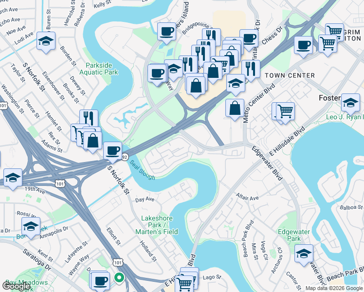 map of restaurants, bars, coffee shops, grocery stores, and more near 1689 Vía Laguna in San Mateo