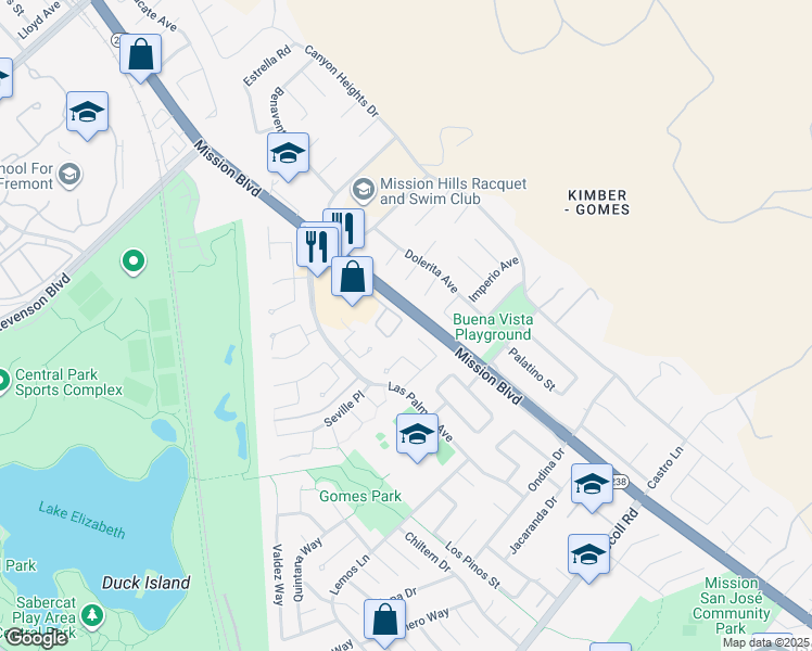 map of restaurants, bars, coffee shops, grocery stores, and more near 67 Delegado Court in Fremont