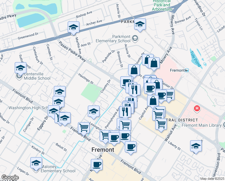 map of restaurants, bars, coffee shops, grocery stores, and more near 38620 Country Terrace in Fremont