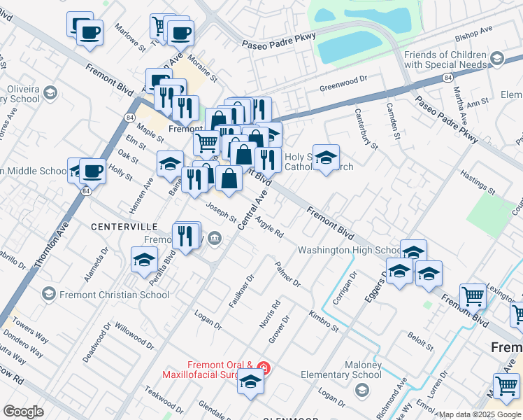 map of restaurants, bars, coffee shops, grocery stores, and more near 4080 Central Avenue in Fremont