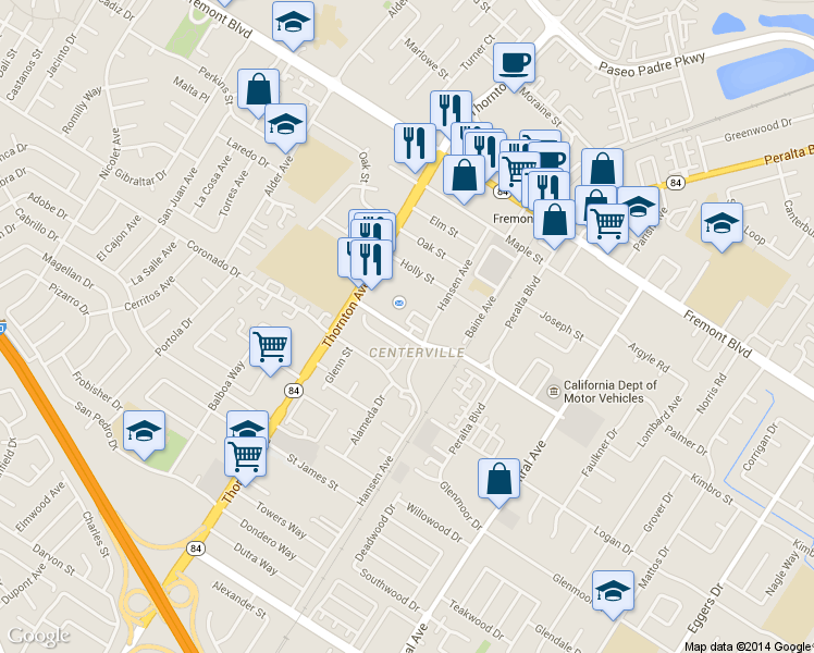 map of restaurants, bars, coffee shops, grocery stores, and more near 36067 Soapberry Commons in Fremont