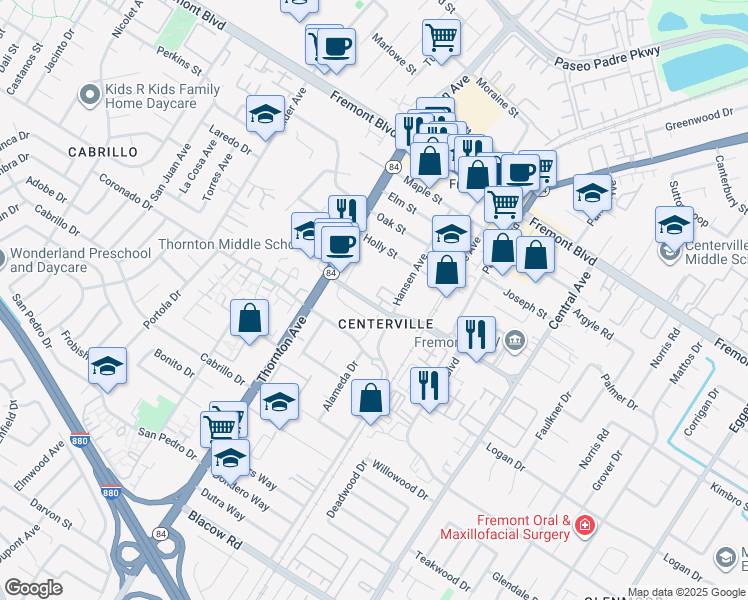 map of restaurants, bars, coffee shops, grocery stores, and more near 36067 Soapberry Commons in Fremont