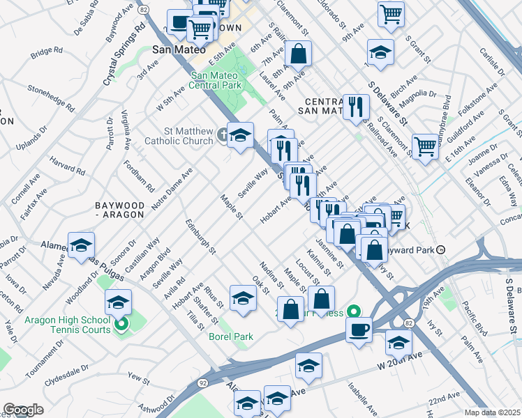 map of restaurants, bars, coffee shops, grocery stores, and more near 105 Avila Road in San Mateo