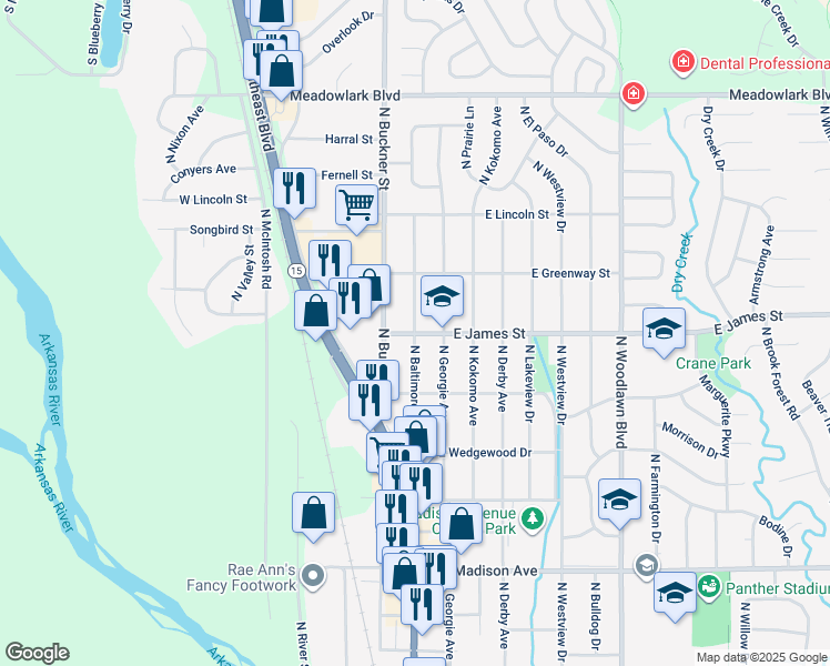map of restaurants, bars, coffee shops, grocery stores, and more near 1109 North Baltimore Avenue in Derby