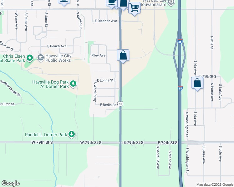 map of restaurants, bars, coffee shops, grocery stores, and more near 1315-1499 East Southbrooke Street in Haysville