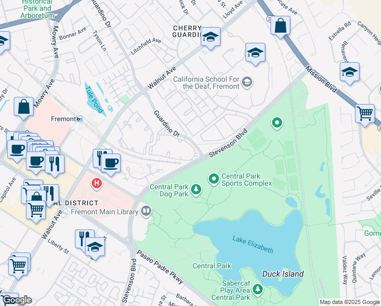 map of restaurants, bars, coffee shops, grocery stores, and more near 1401 Red Hawk Circle in Fremont