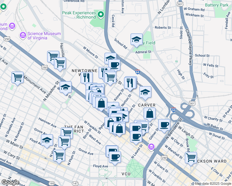 map of restaurants, bars, coffee shops, grocery stores, and more near 1410 West Clay Street in Richmond