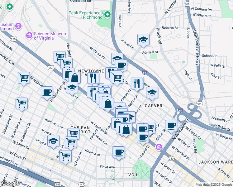 map of restaurants, bars, coffee shops, grocery stores, and more near 1427 West Clay Street in Richmond