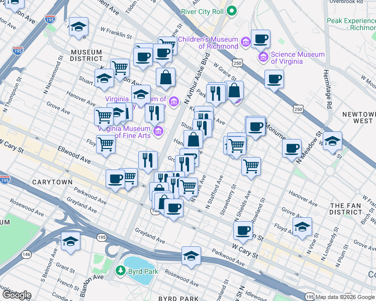 map of restaurants, bars, coffee shops, grocery stores, and more near 2614 Hanover Avenue in Richmond