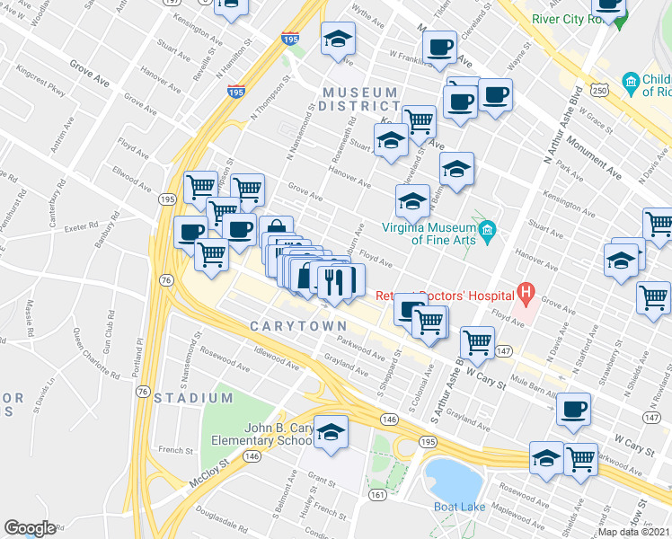 map of restaurants, bars, coffee shops, grocery stores, and more near 3210 Ellwood Avenue in Richmond