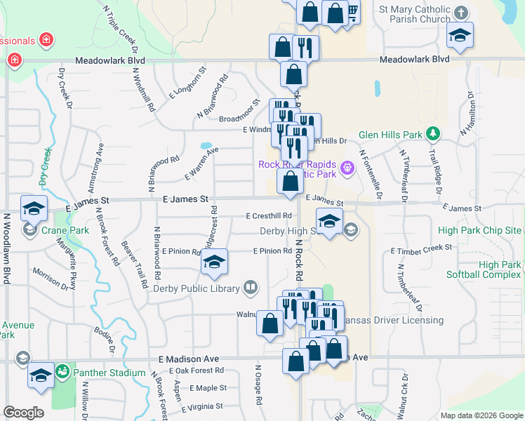 map of restaurants, bars, coffee shops, grocery stores, and more near 1625 East James Street in Derby