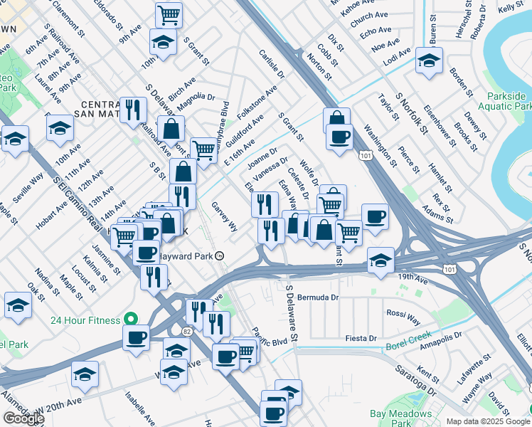 map of restaurants, bars, coffee shops, grocery stores, and more near 1712 Eleanor Drive in San Mateo