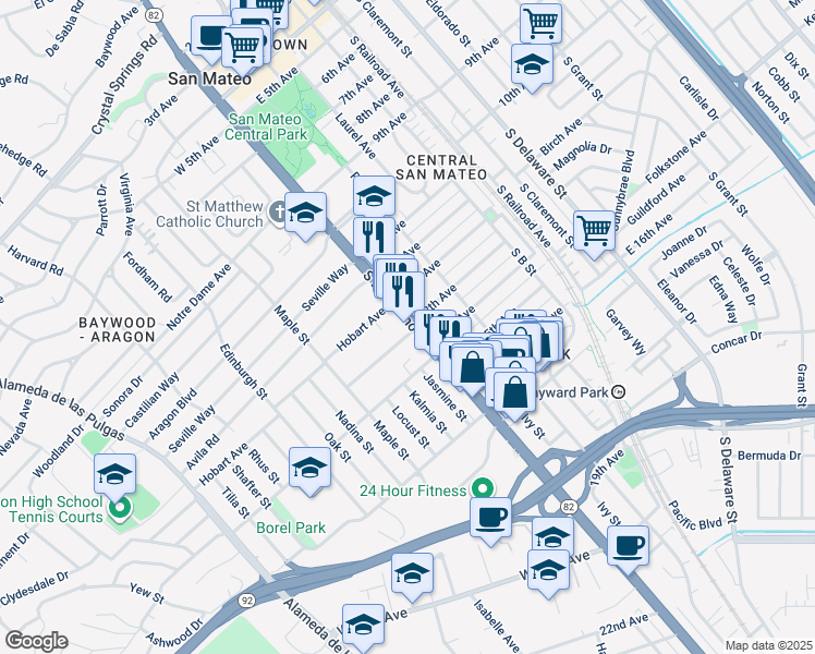 map of restaurants, bars, coffee shops, grocery stores, and more near 1232 California 82 in San Mateo