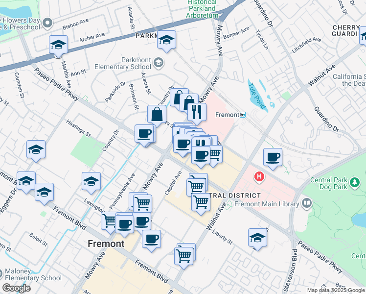 map of restaurants, bars, coffee shops, grocery stores, and more near 2670 Mowry Avenue in Fremont