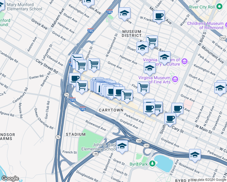 map of restaurants, bars, coffee shops, grocery stores, and more near 4 South Dooley Avenue in Richmond