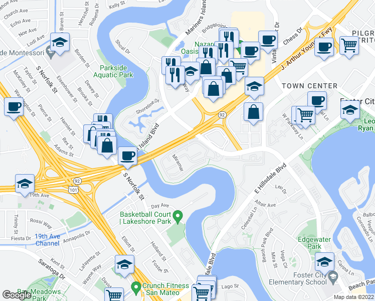 map of restaurants, bars, coffee shops, grocery stores, and more near 1620 Vista Del Sol in San Mateo