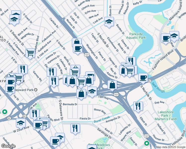 map of restaurants, bars, coffee shops, grocery stores, and more near 900 Concar Drive in San Mateo