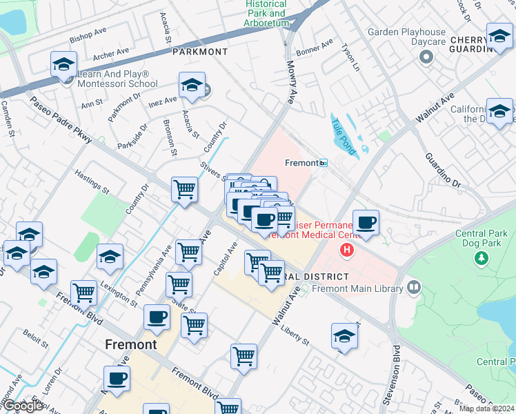 map of restaurants, bars, coffee shops, grocery stores, and more near 2500 Mowry Avenue in Fremont
