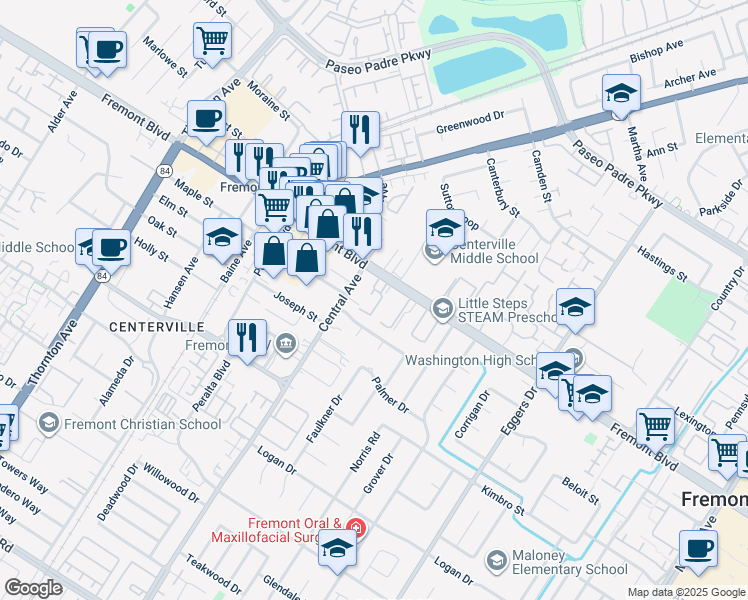 map of restaurants, bars, coffee shops, grocery stores, and more near Old Canyon Road in Fremont