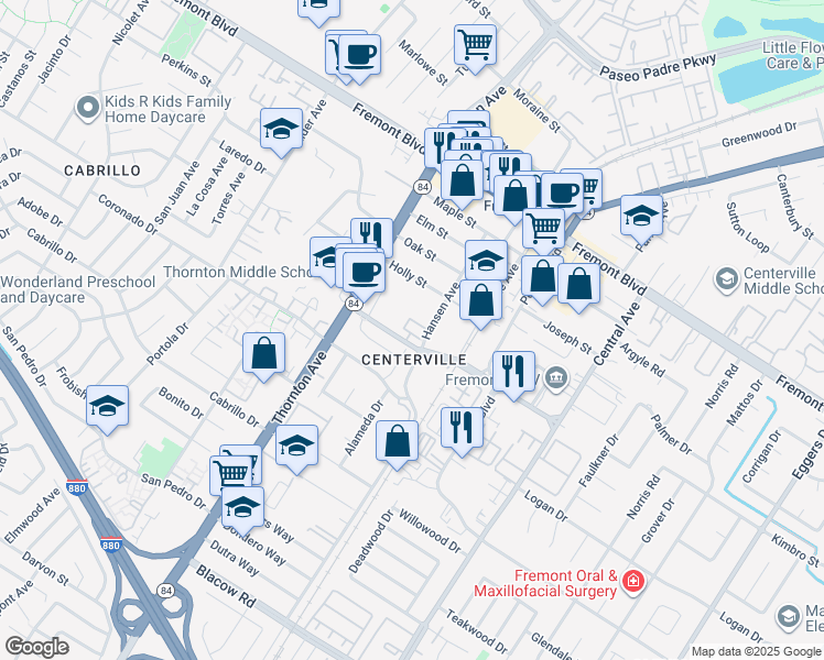 map of restaurants, bars, coffee shops, grocery stores, and more near 36067 Soapberry Commons in Fremont
