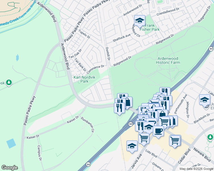 map of restaurants, bars, coffee shops, grocery stores, and more near 5862 Remer Terrace in Fremont