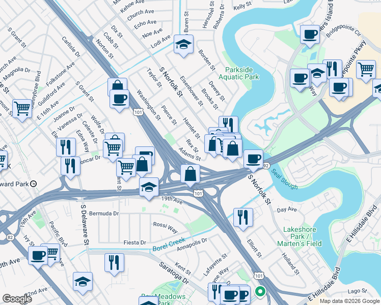 map of restaurants, bars, coffee shops, grocery stores, and more near 1787 Adams Street in San Mateo